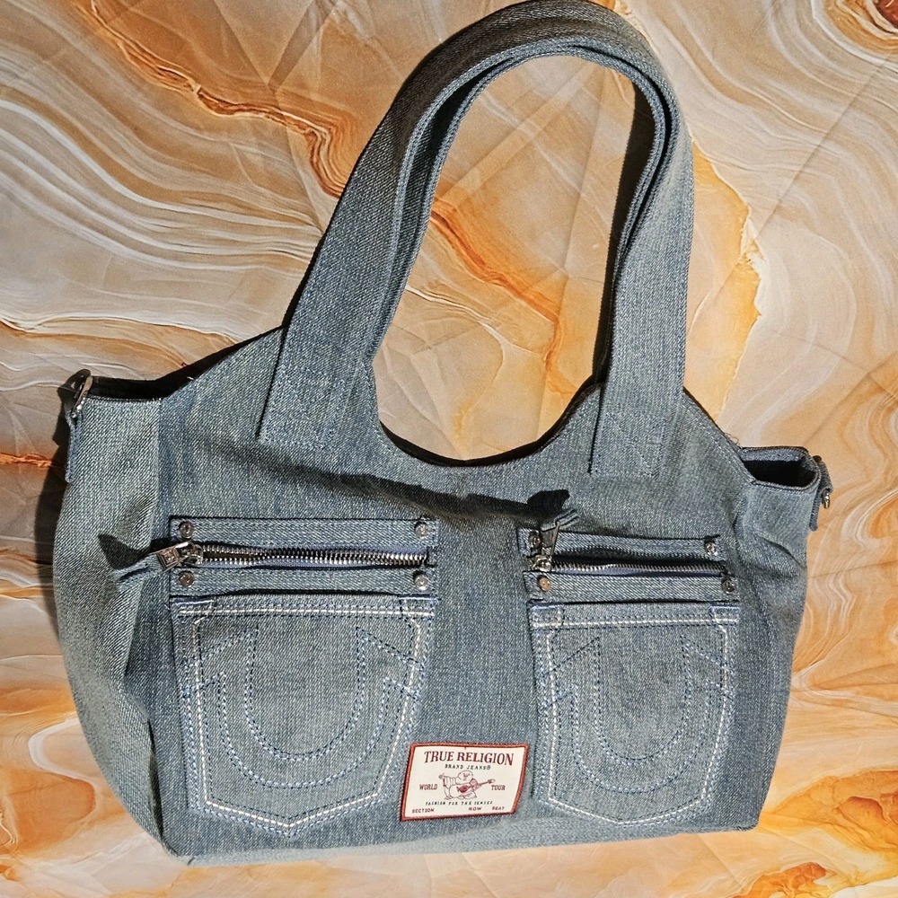 True Religion Womens Blue Denim Horseshoe Stitch Satchel Shoulder Bag Purse